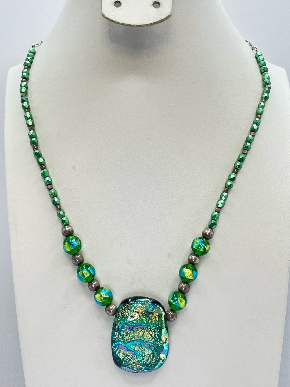 925 Sterling Silver Murano Foil Glass Green Statement Beaded Necklace Boho